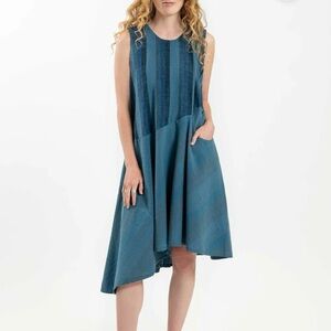 Cynthia Ashby Womens Small Twirl Dress Lagenlook Pocket Stripe Asymmetrical Blue